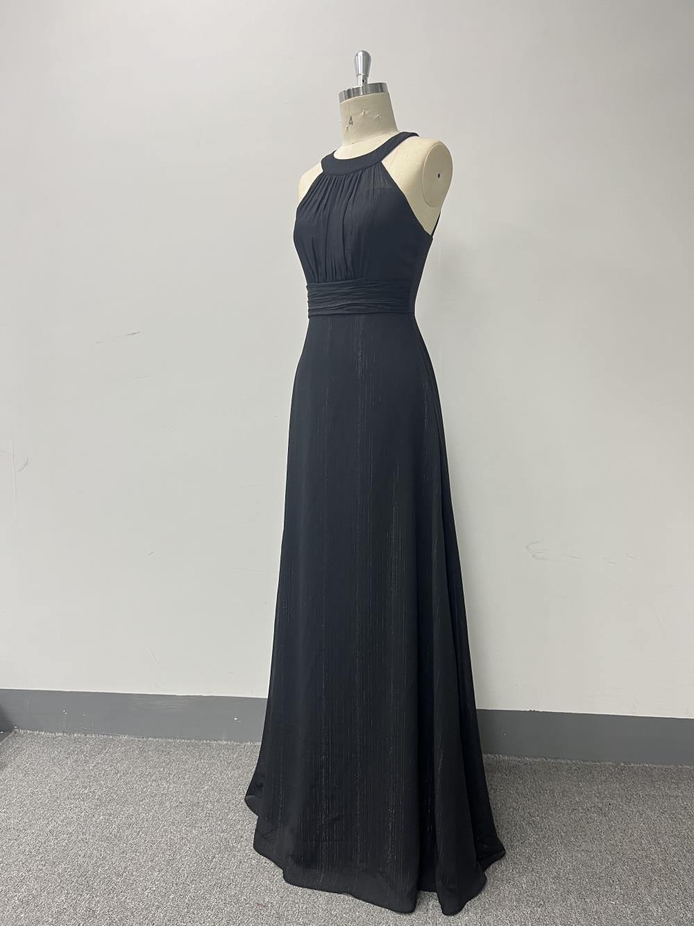 Halter Neck Low Back Pleated Slim Waist Formal Party Black Evening Gown 10