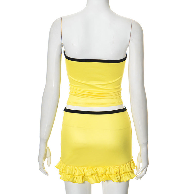 Women summer drawstring Lace-Up sleeveless Strapless Top And Ruffle Edge Skirt two-piece set 7