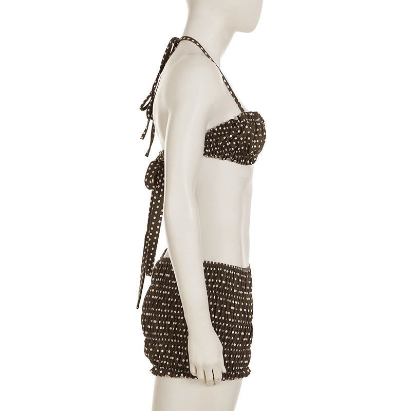 Sexy Low Back Lace-Up Swimsuit Polka Dot Bra and Boxer Bikini Set 10