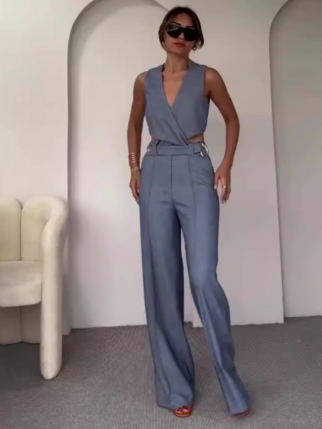 Women Summer Solid Round Neck Sleeveless Vest and Wide-leg Pants Two-piece Set 6