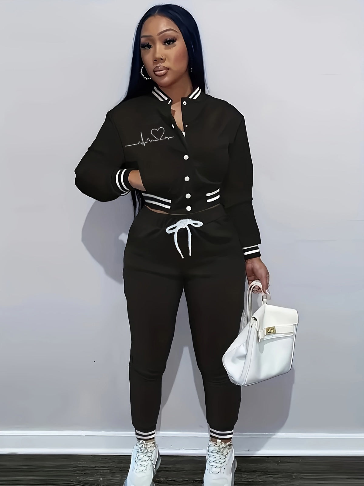 Women Spring Solid Print Top Baseball Jacket and Pants Two Piece Set 6