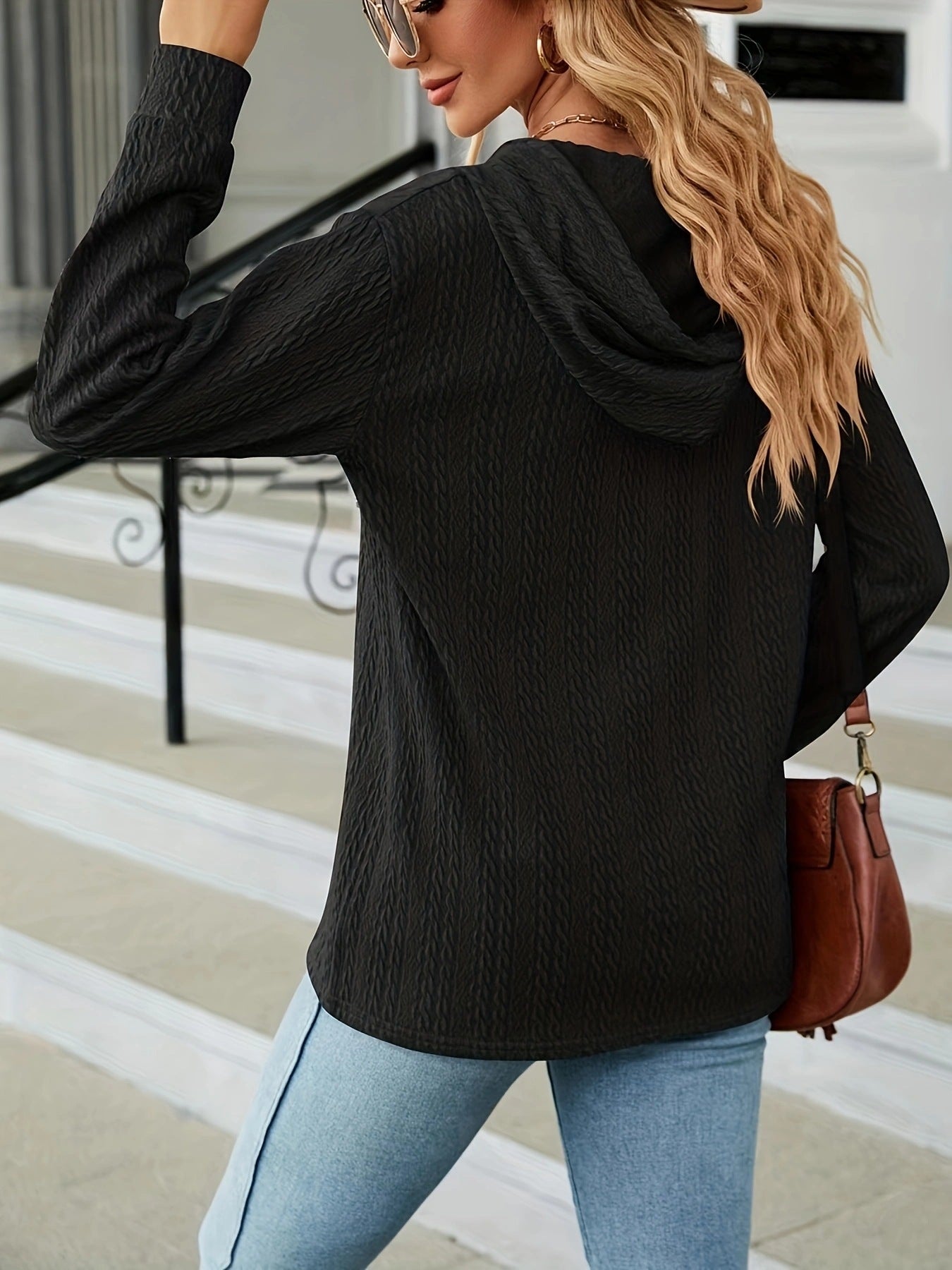 Women Solid hooded button long-sleeved Top 4