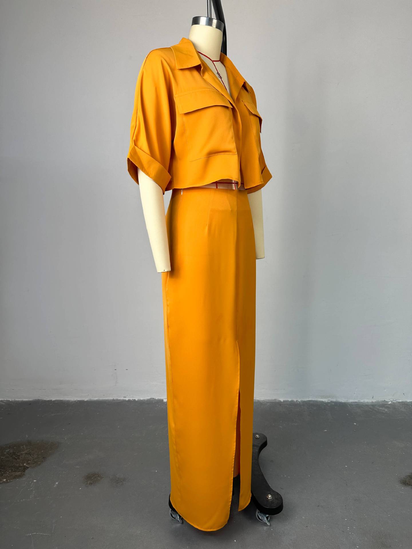 Women's Summer Turndown Collar Short Sleeve Shirt Top Slit Long Skirt Suit 10