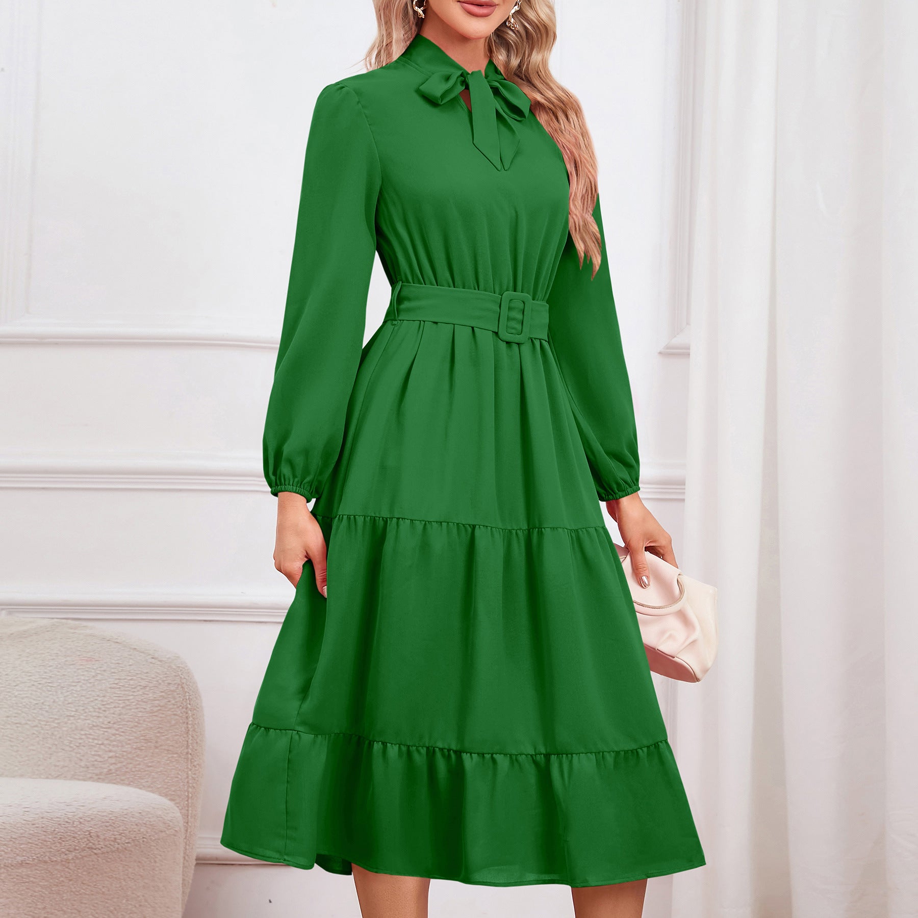 Elegant Slim Chic Tie Collar A-Line Casual Dress 11