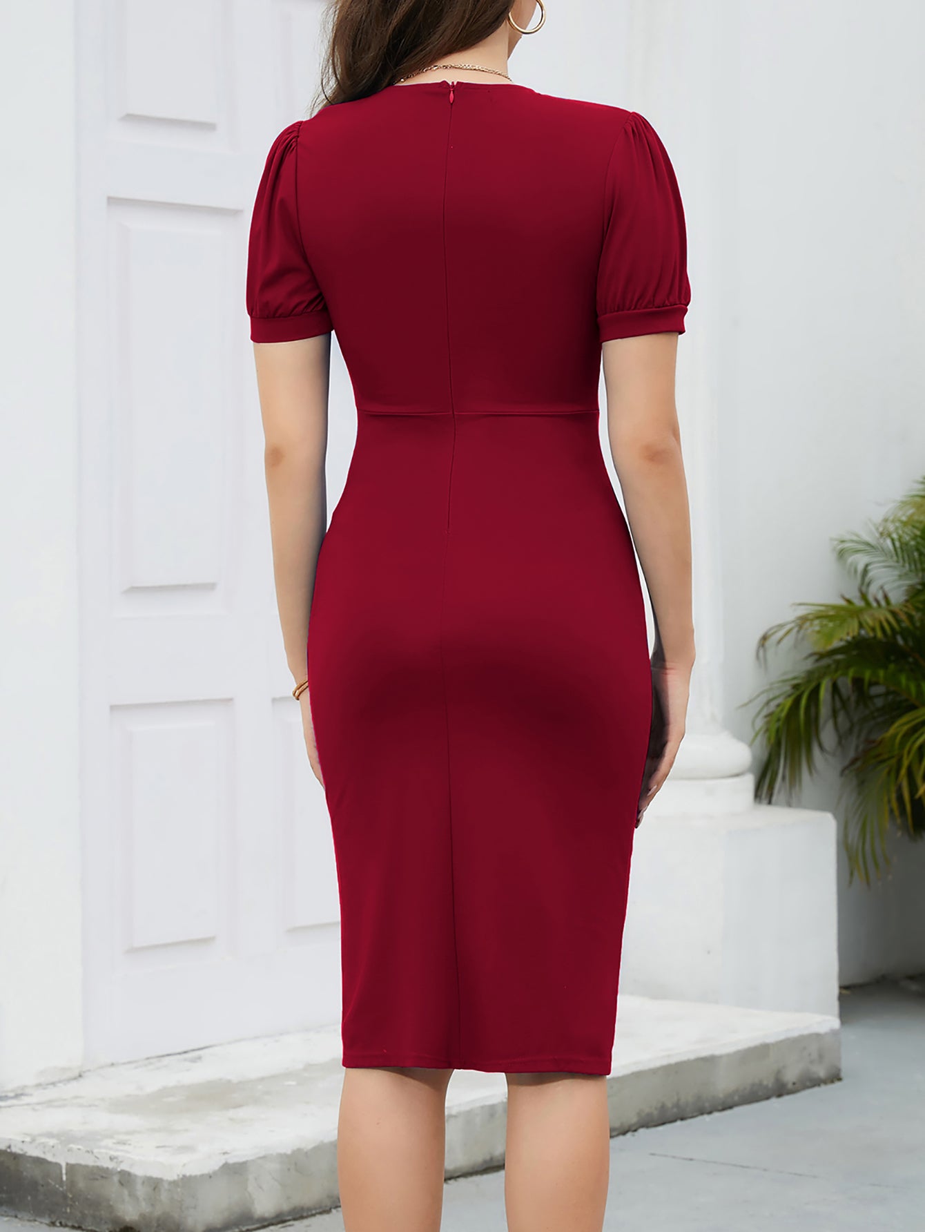 Women's Fashion Sexy Solid Color V-Neck Short Sleeve Career Bodycon Dress 16