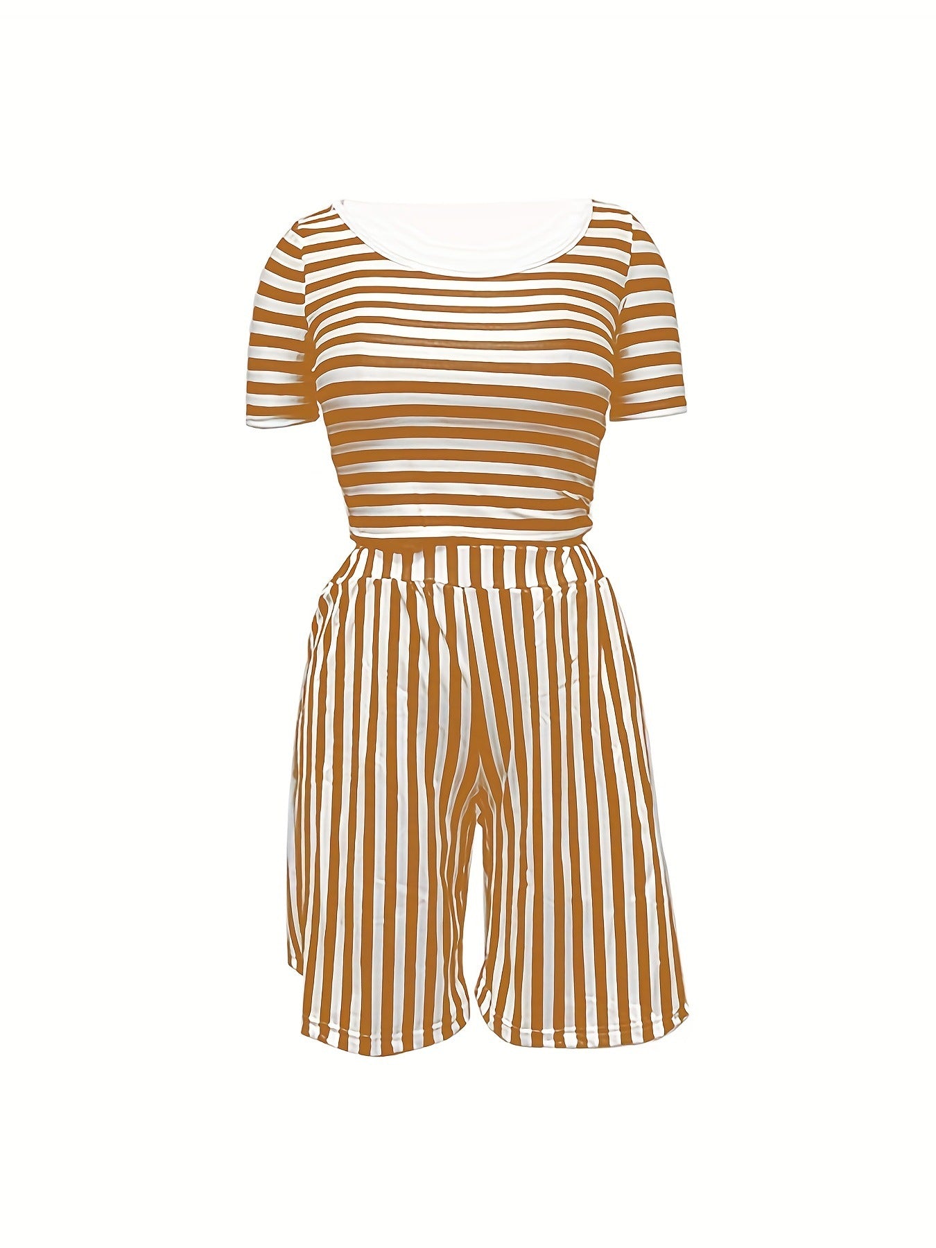 Women Round Neck striped print Top and Shorts two-piece set 5