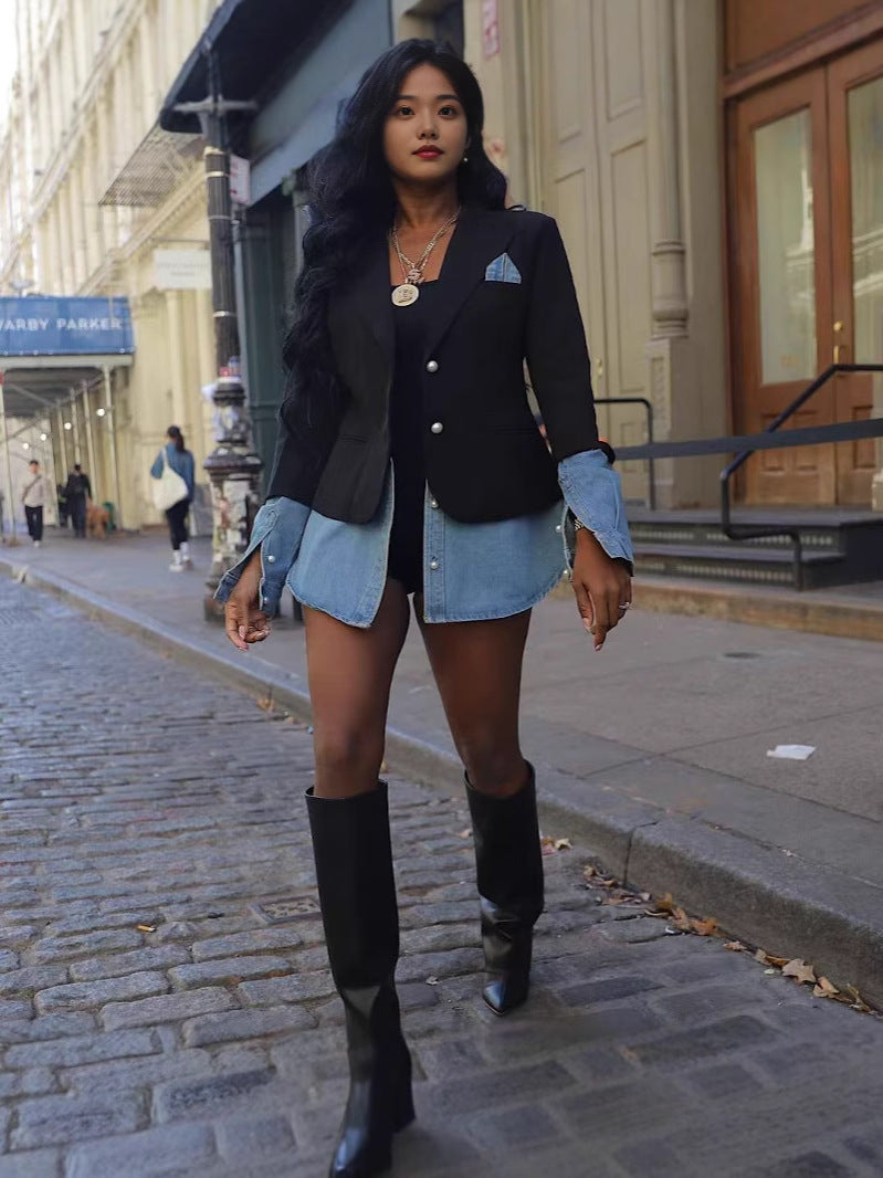 Women Casual Patchwork Denim Blazer Jacket 4