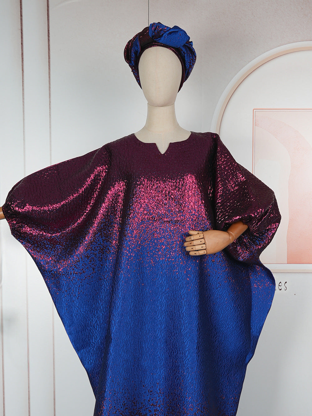 Plus Size African Women Bat Sleeves Colorblock Dress 7