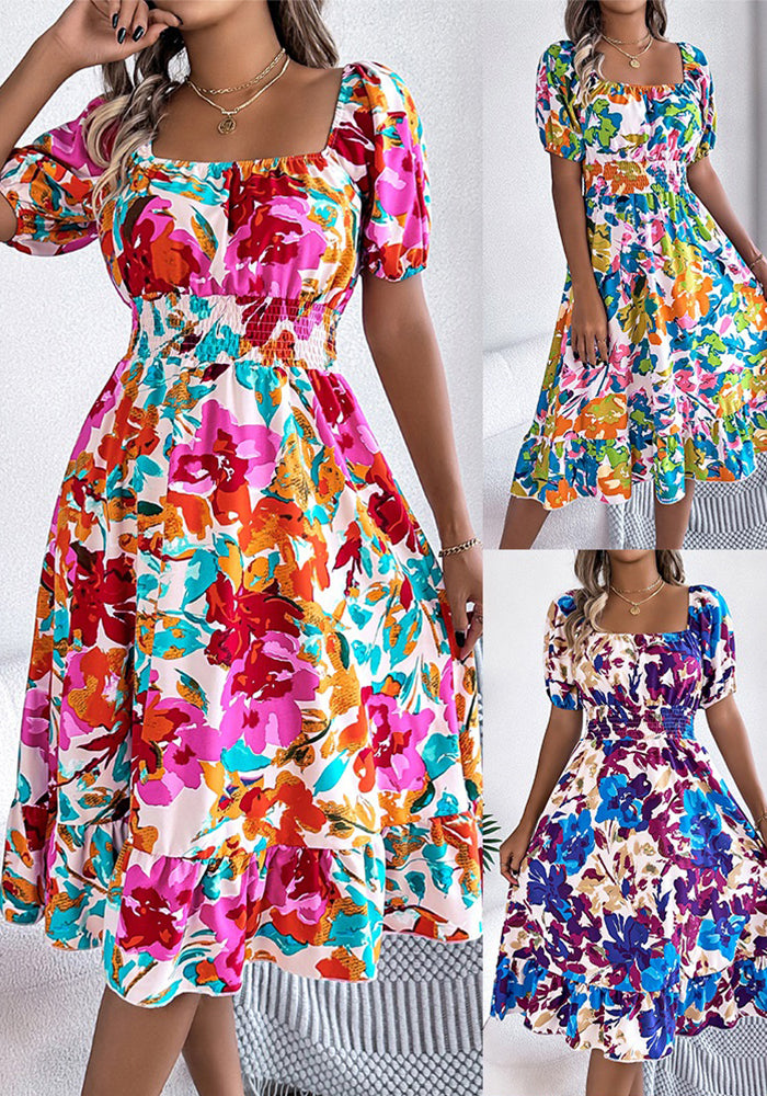 Women Spring and Summer Casual Flower Square Neck Short Sleeve Ruffle Dress