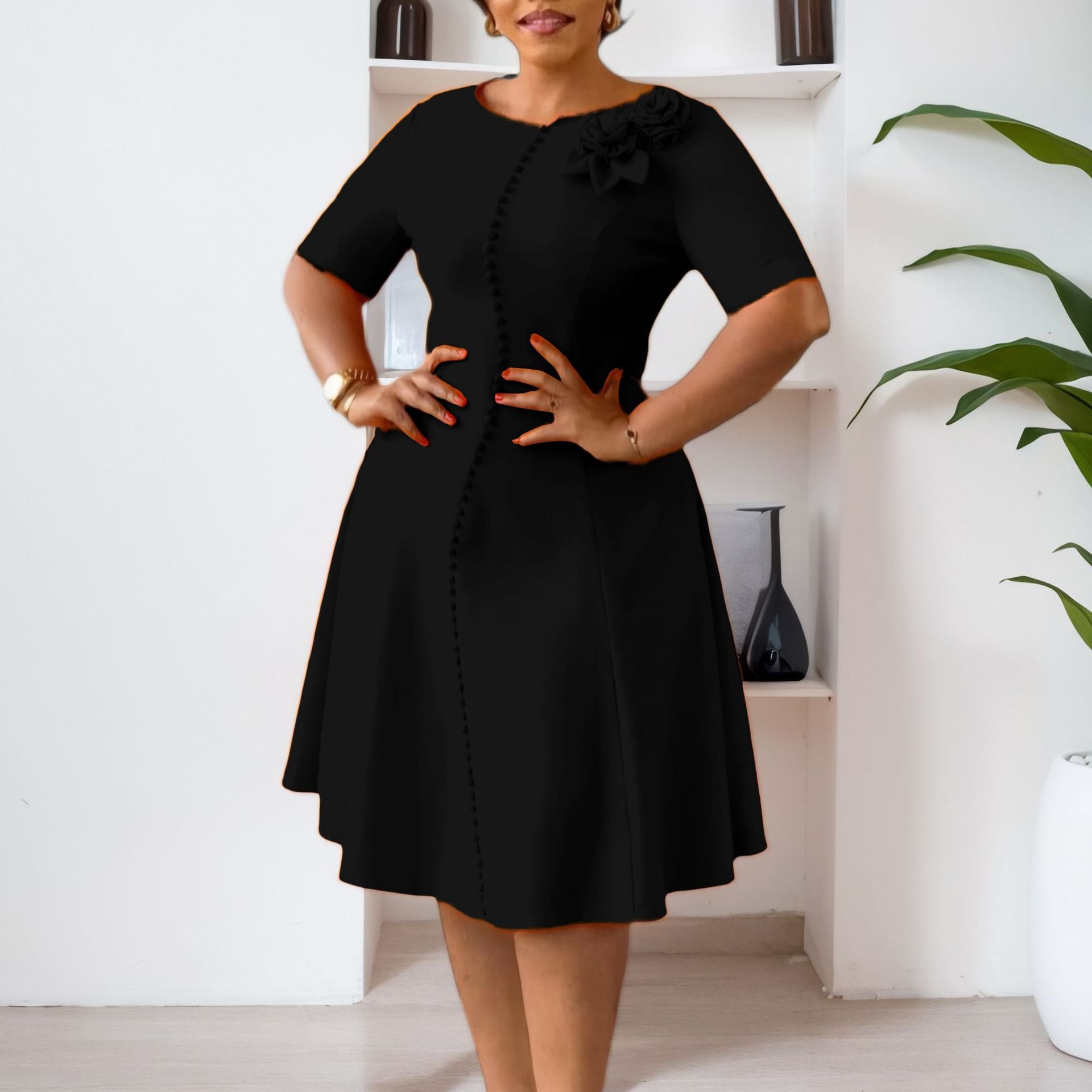 Women's short-sleeved solid color Round Neck Chic elegant African dress 5