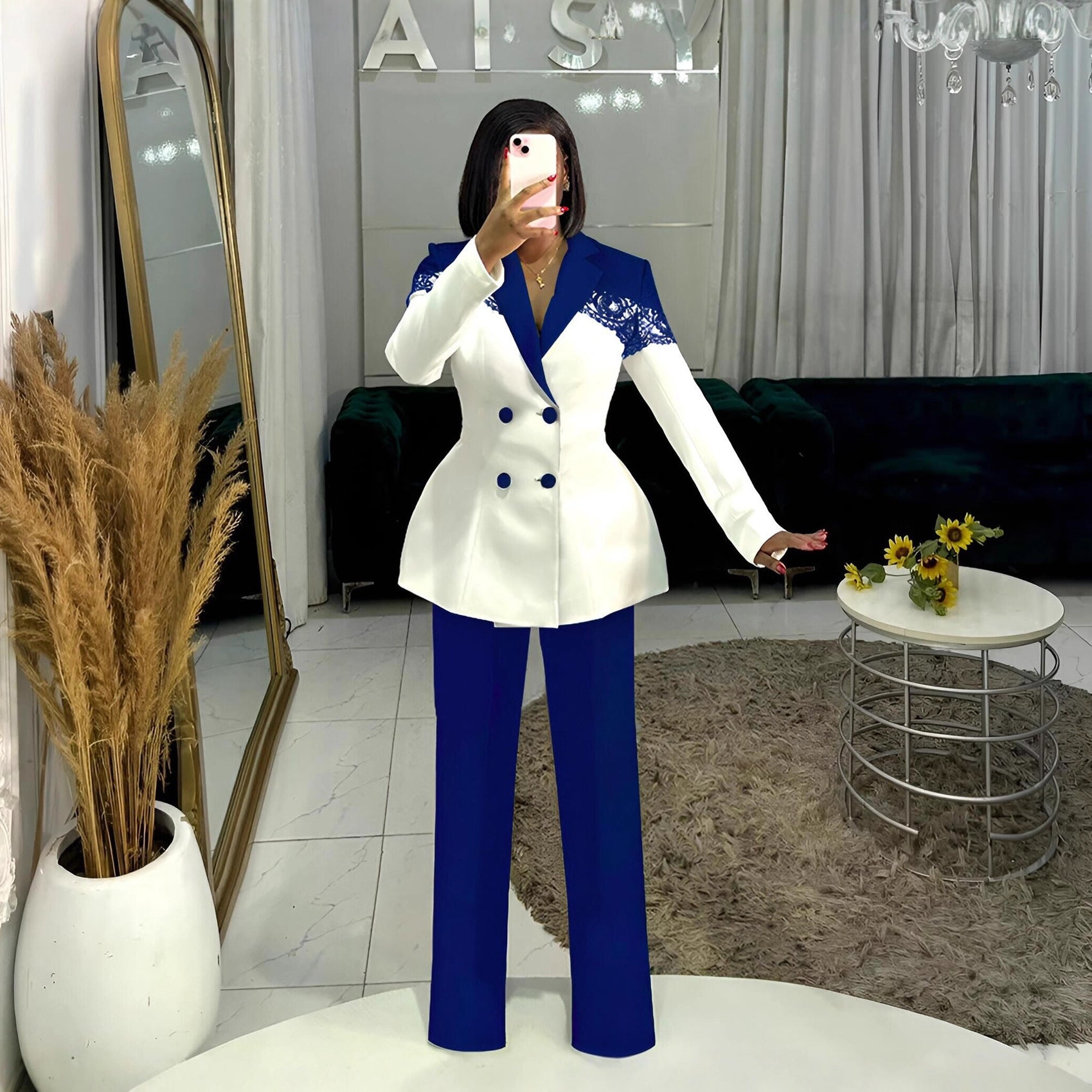 Women casual elegant lace Patchwork blazer and pant two-piece set 7