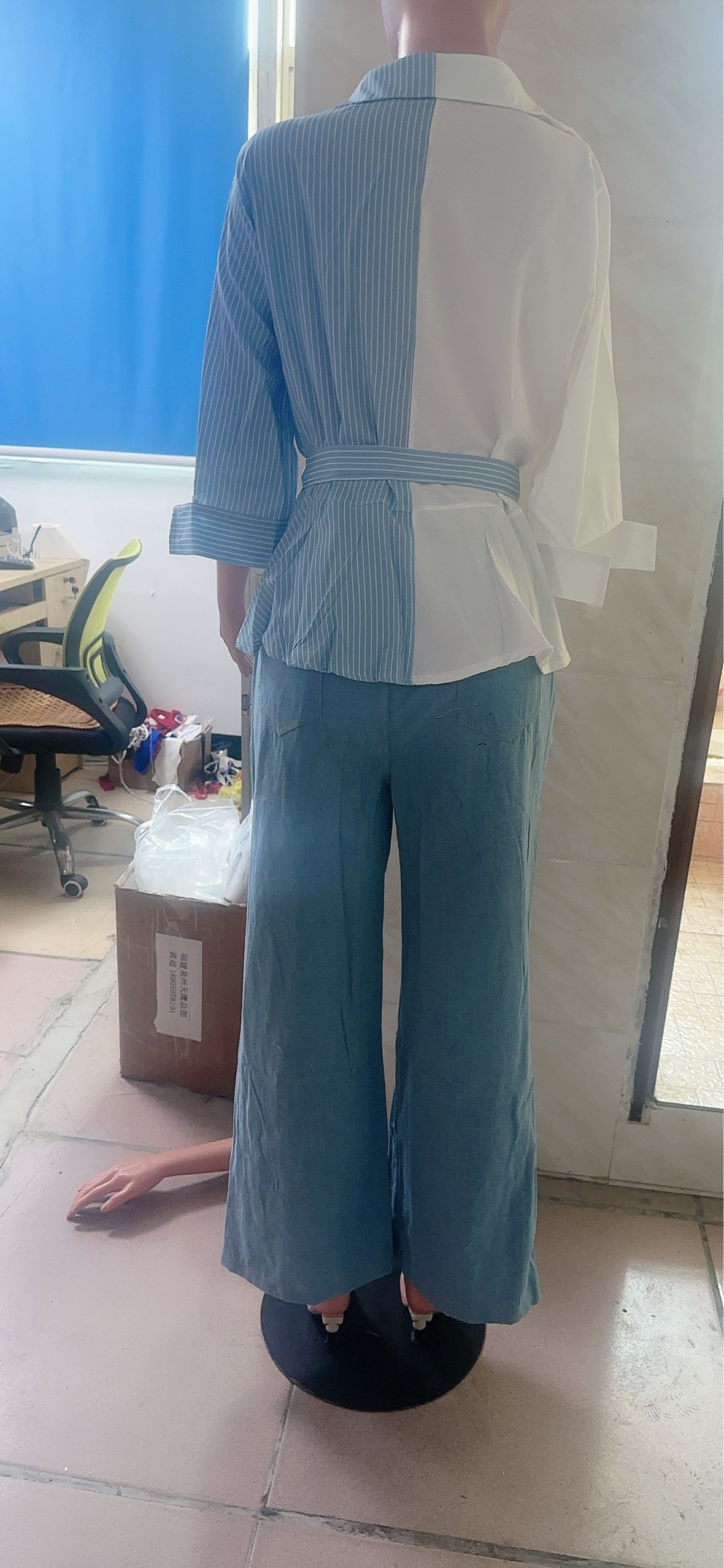 Plus Size Women Spring Patchwork Fake Two-Piece Shirt and Denim Pant Two-Piece Set 7