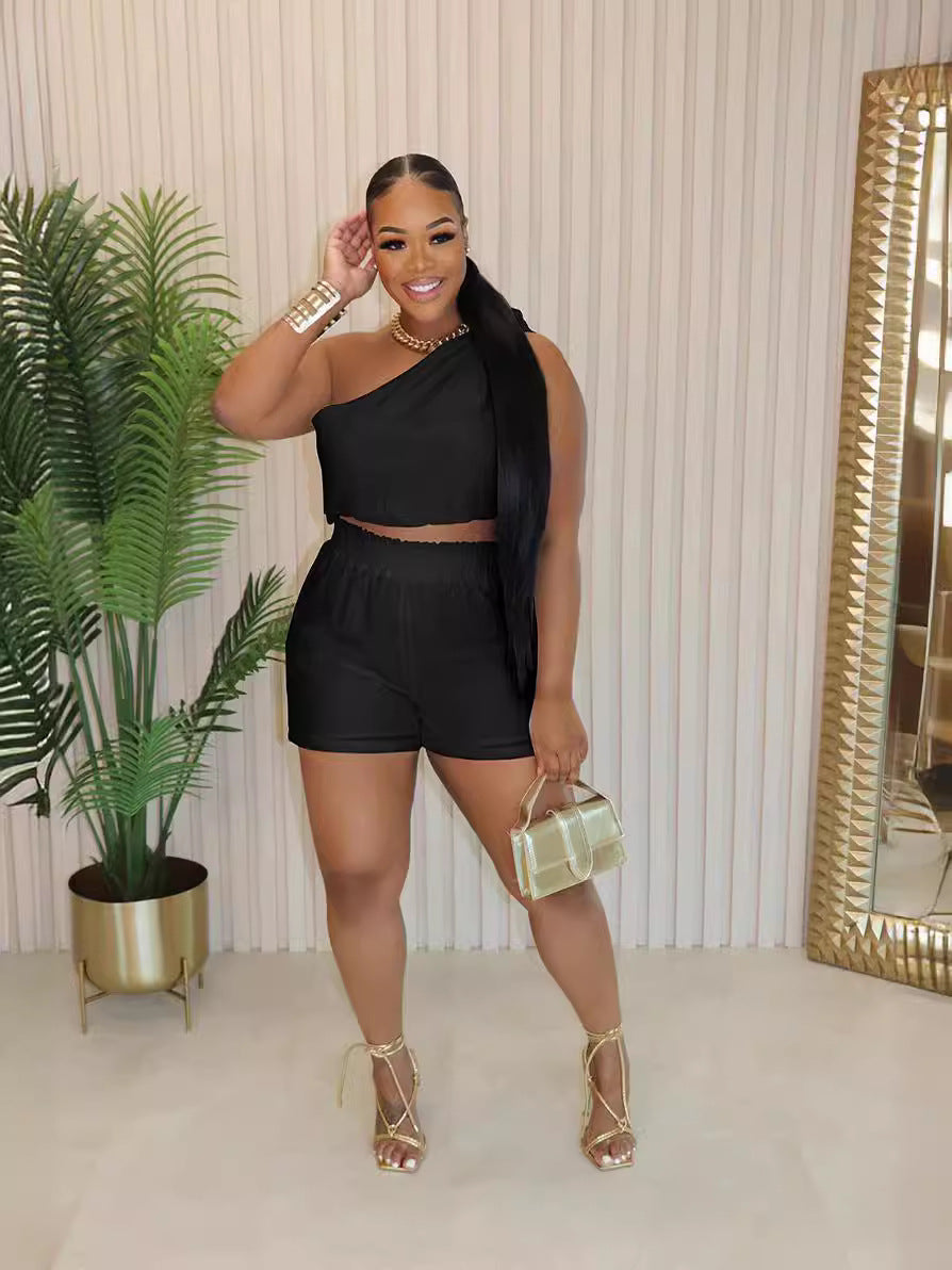 Women's Solid Color Slash Shoulder Sleeveless Two Piece Shorts Set 6