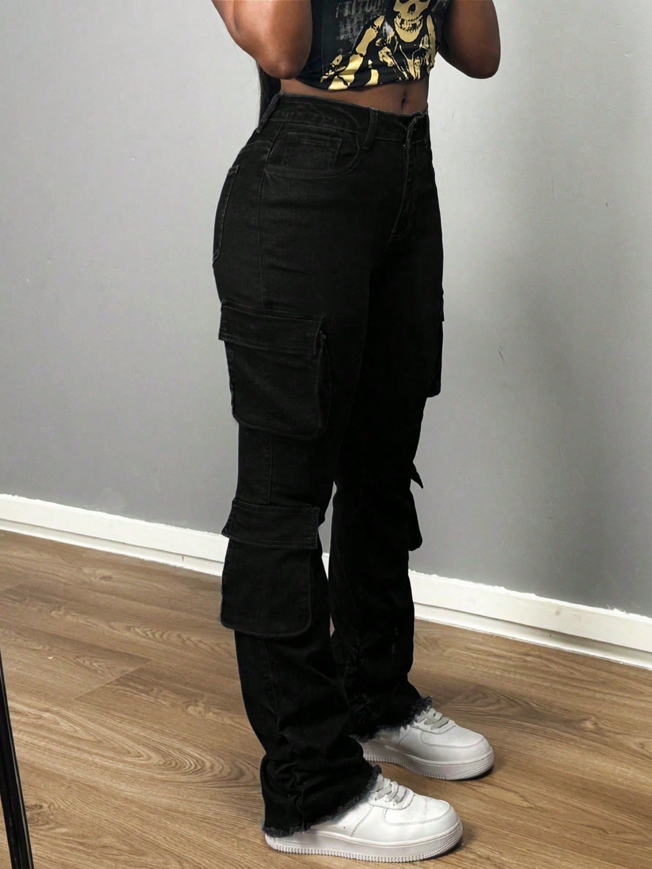 Women Pocket Stretchy Pleated Trousers Denim Trousers 5