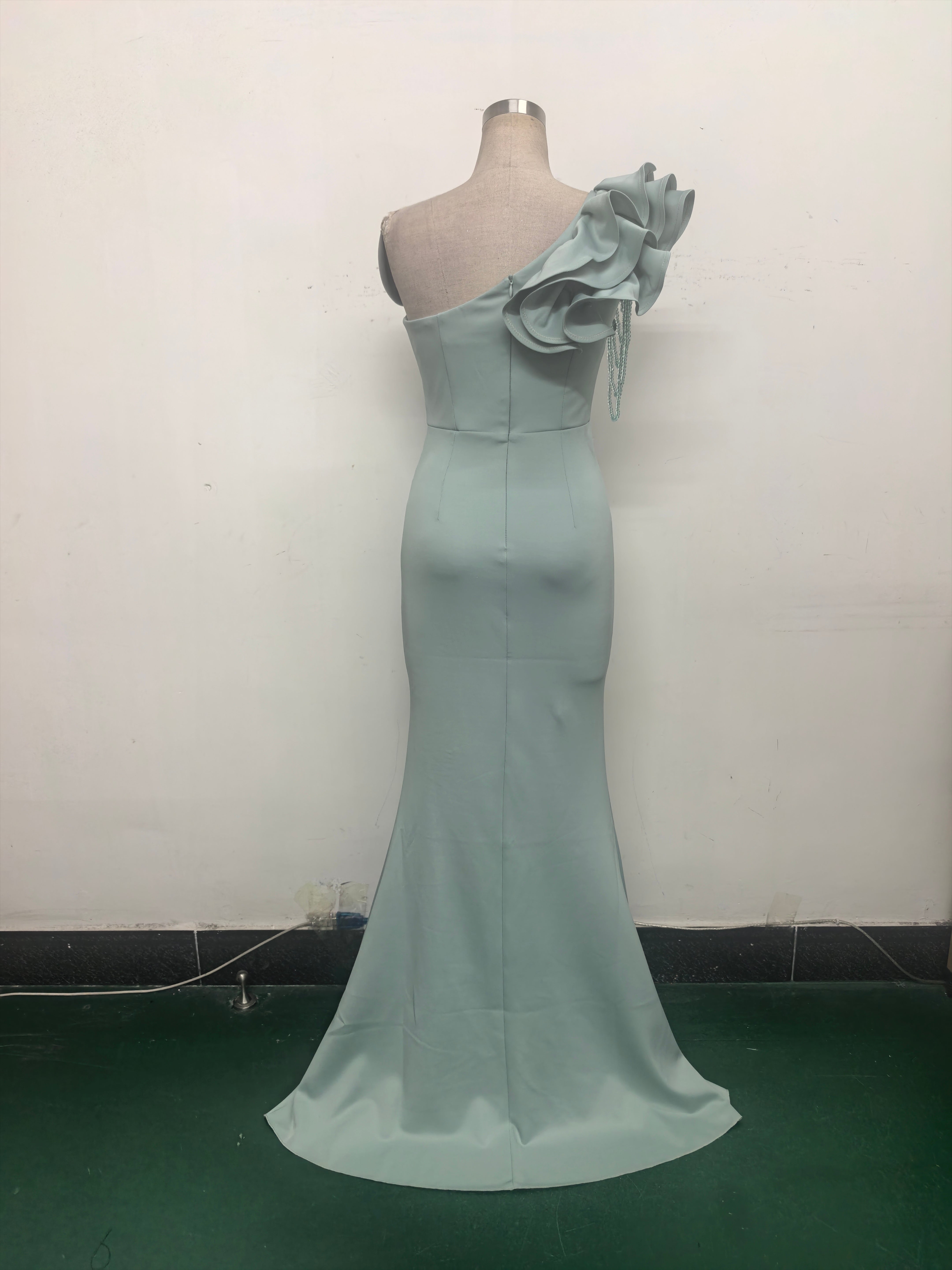 Women One-Shoulder Beaded Wool and Floral Satin Slit Sexy Evening Dress 39