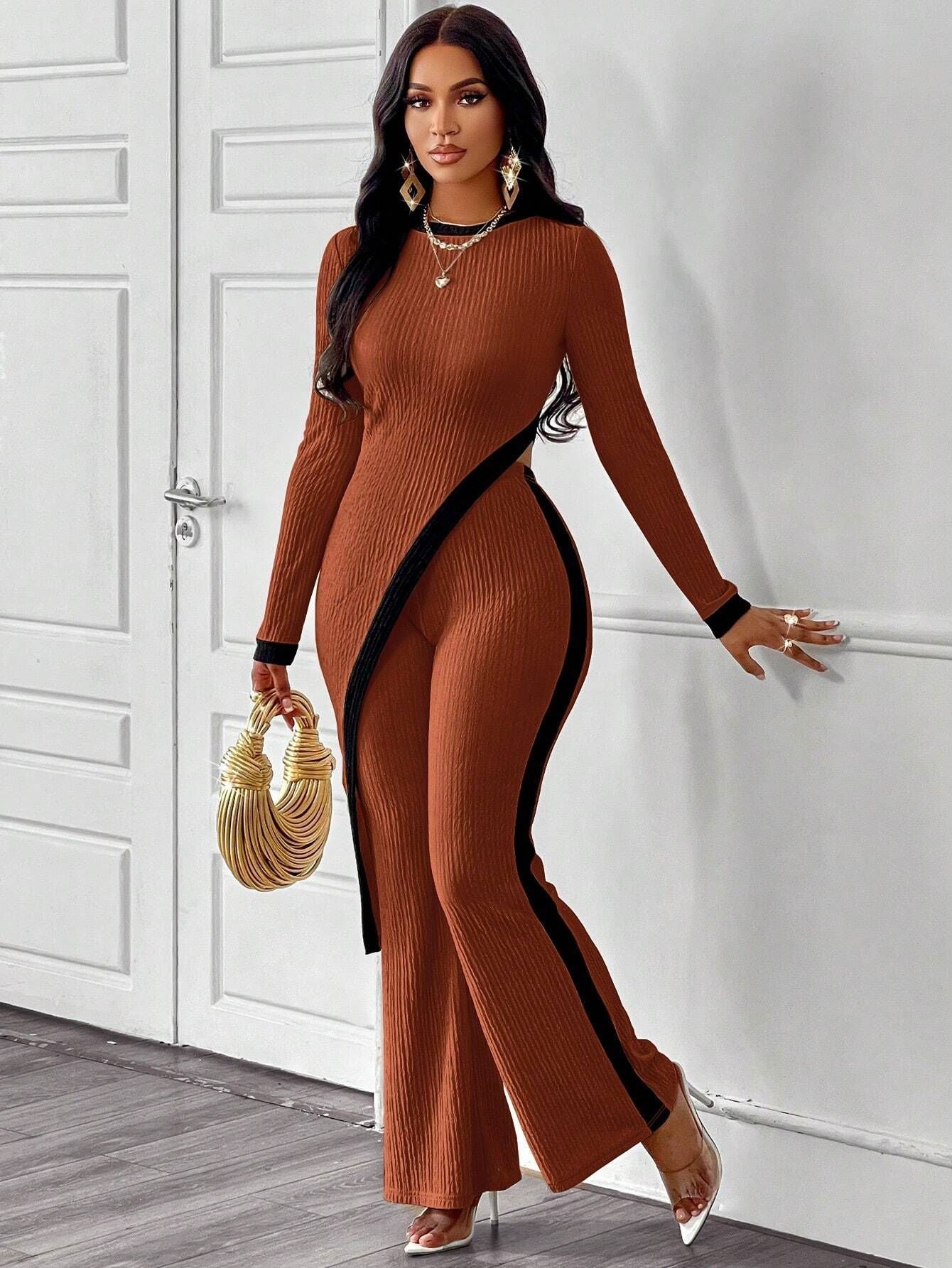 Autumn women's fashion long sleeve contrast color split T-shirt Patchwork trousers for women 6