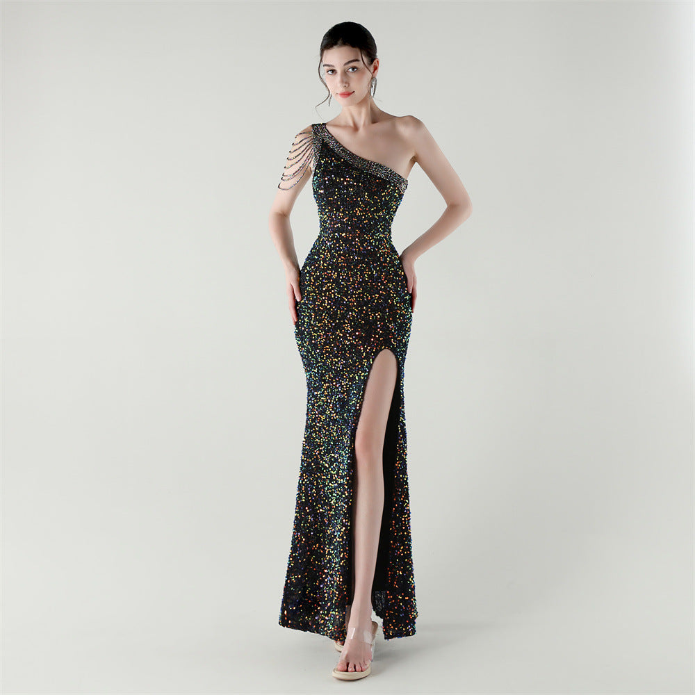 One-Shoulder Sequined Fishtail Evening Dress for Formal Parties 13