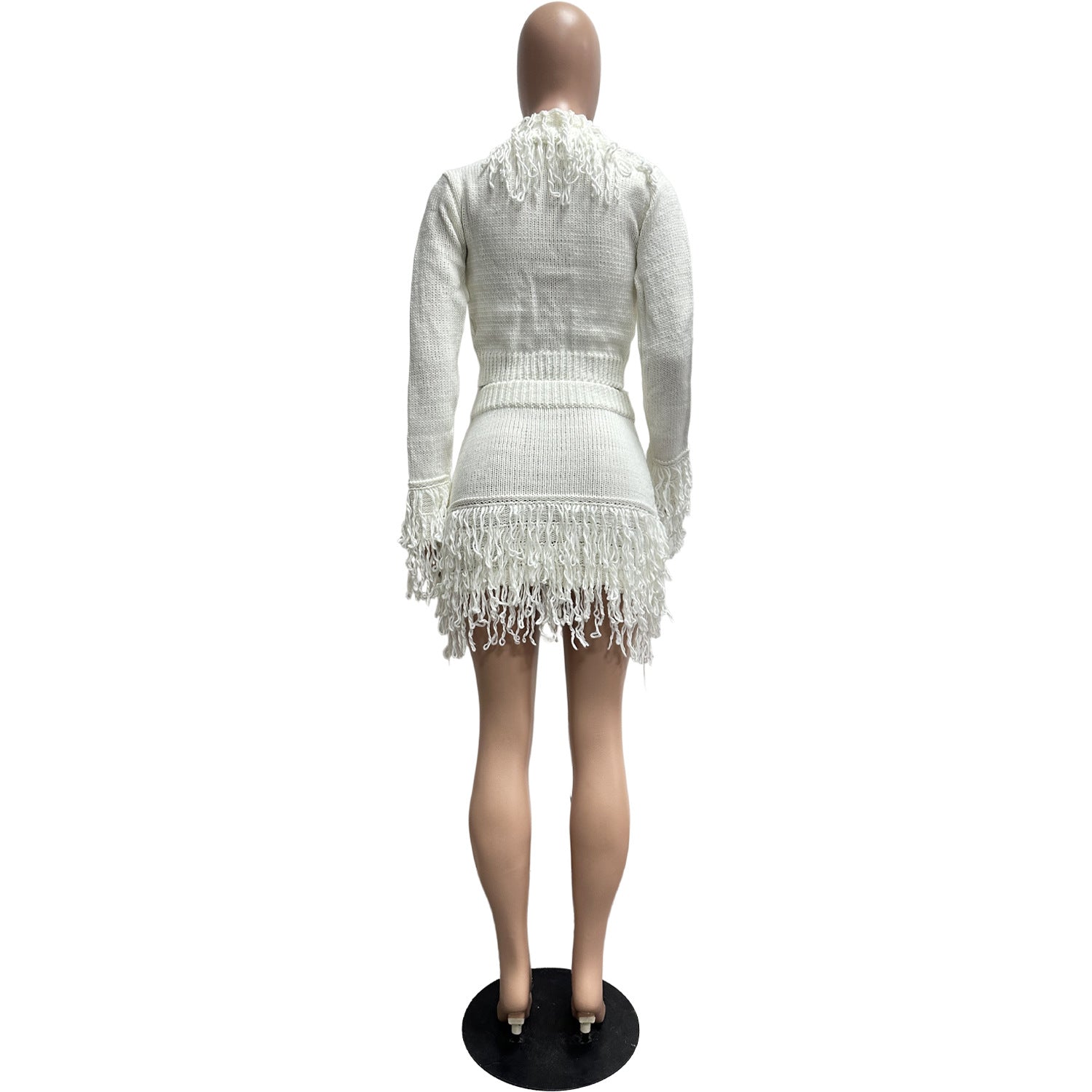 Autumn & Winter Knitted Crochet Fringe Lace-Up Long Sleeve Bodycon Skirt Set 13