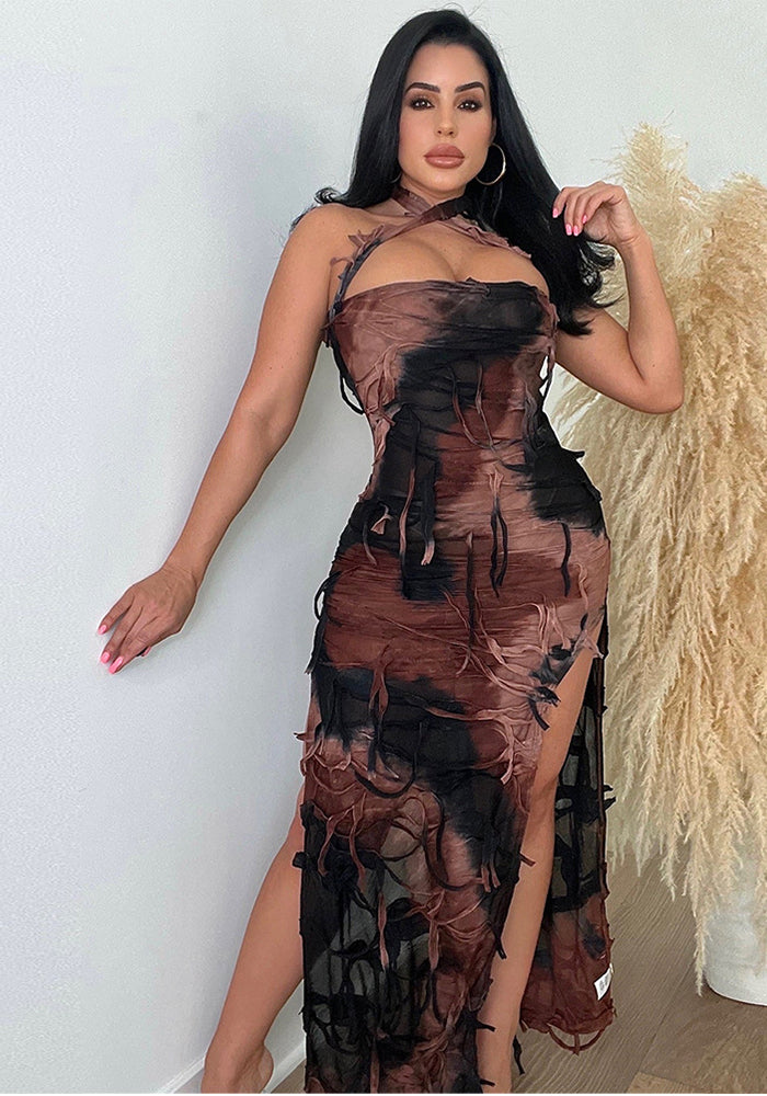 Women summer sleeveless backless split tie-dye dress