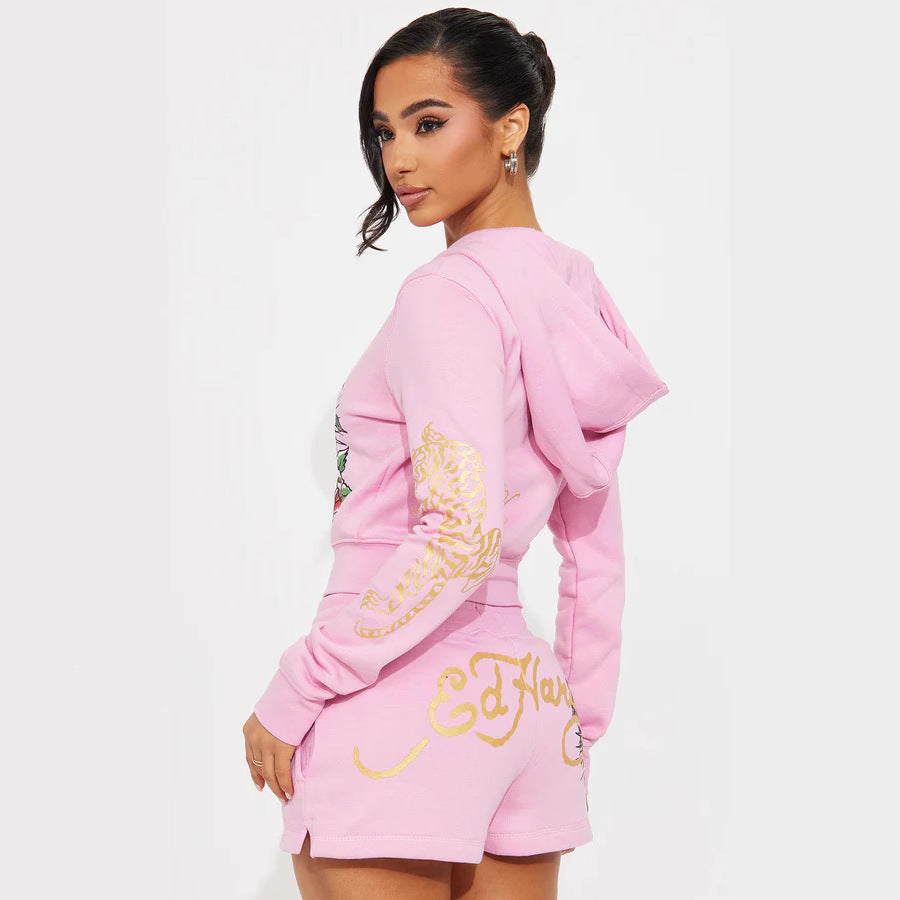 Women Printed Long Sleeve Top and Shorts Two-Piece Set