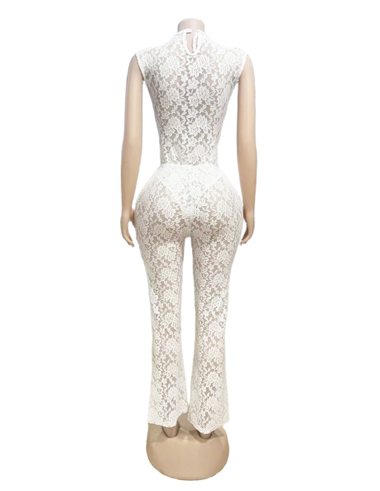 Women Sexy See-Through Lace Patchwork Bodysuit, Bell Bottom, Two-Piece Set 8