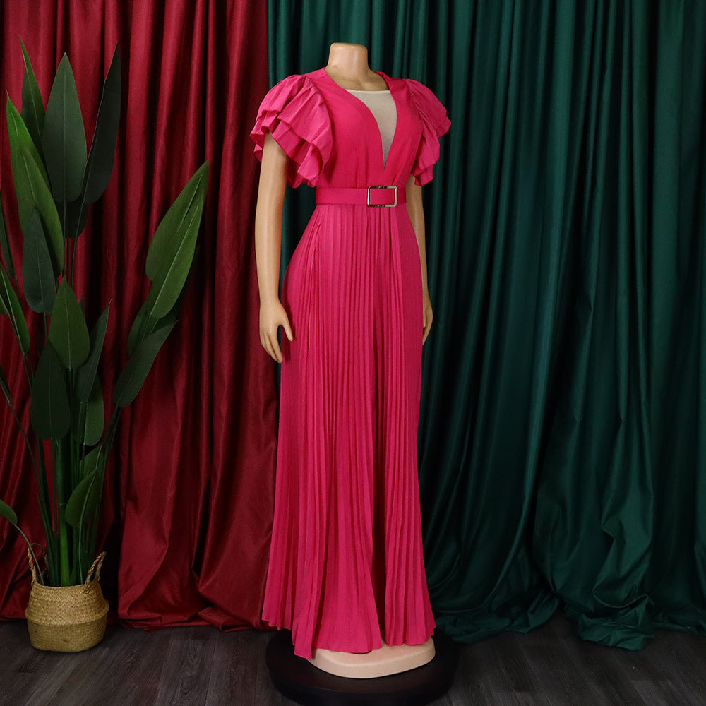 Belted Plus Size Women'smesh See-Through Sexy Pleated Wide Leg Slim Waist Jumpsuit 9