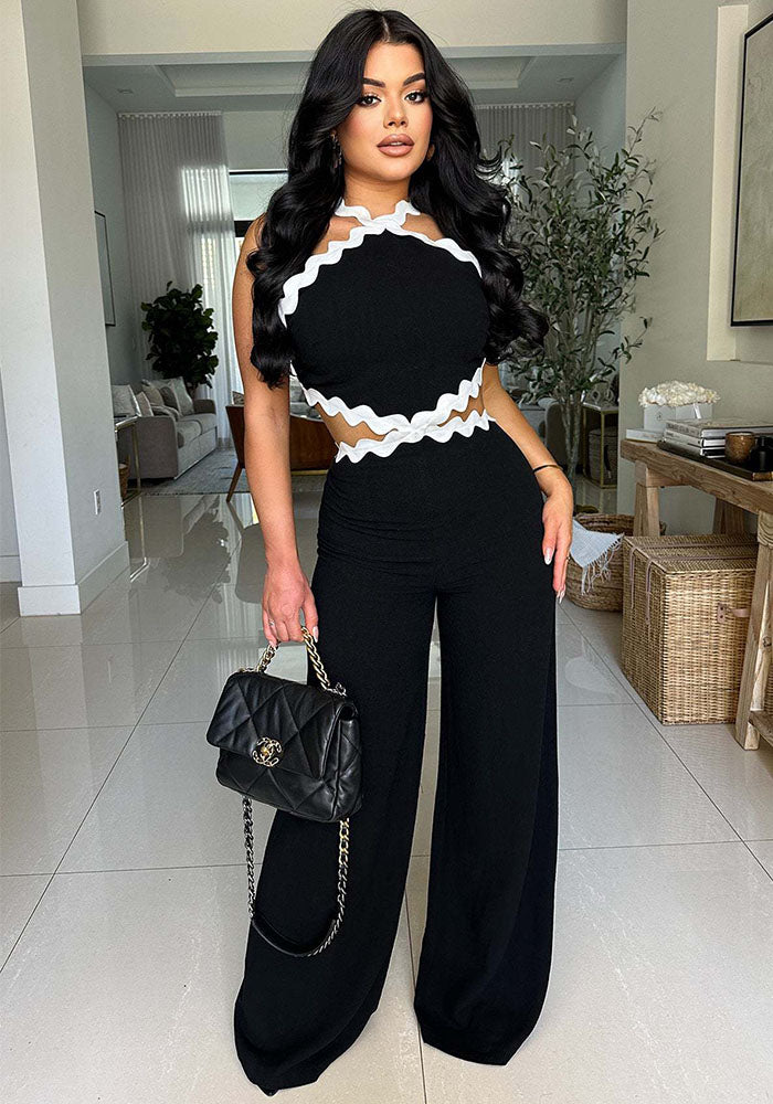 Women Wave Line Patchwork Sleeveless Wide Leg Jumpsuit