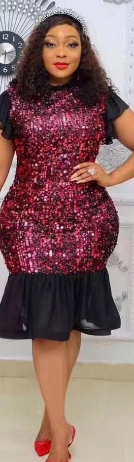 Women Soid Sequin Patchwork Sexy Bodycon Short Sleeve Dress 4