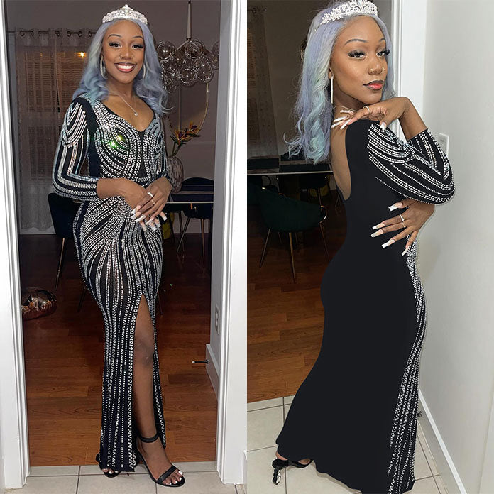 Women Sexy Beaded Bodycon Backless Slit Stretch Maxi Dress