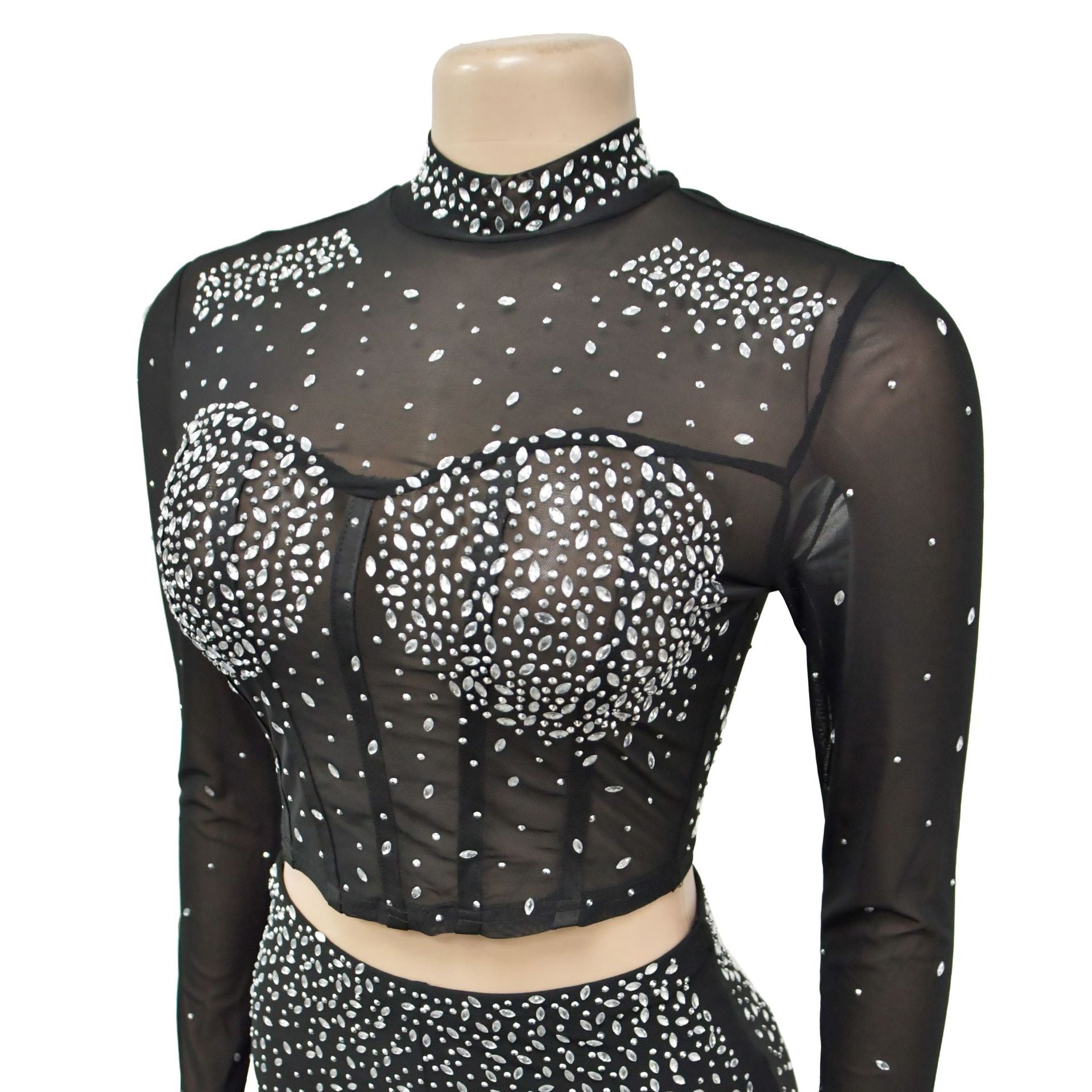 Fashionable Women's Solid Color Beaded Mesh Long-Sleeved Two-Piece Trousers Set 14