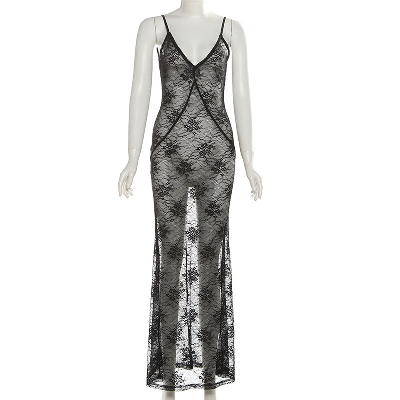 Autumn Women's Fashion Sexy Lace See-Through Low Back Strap Long Dress 6