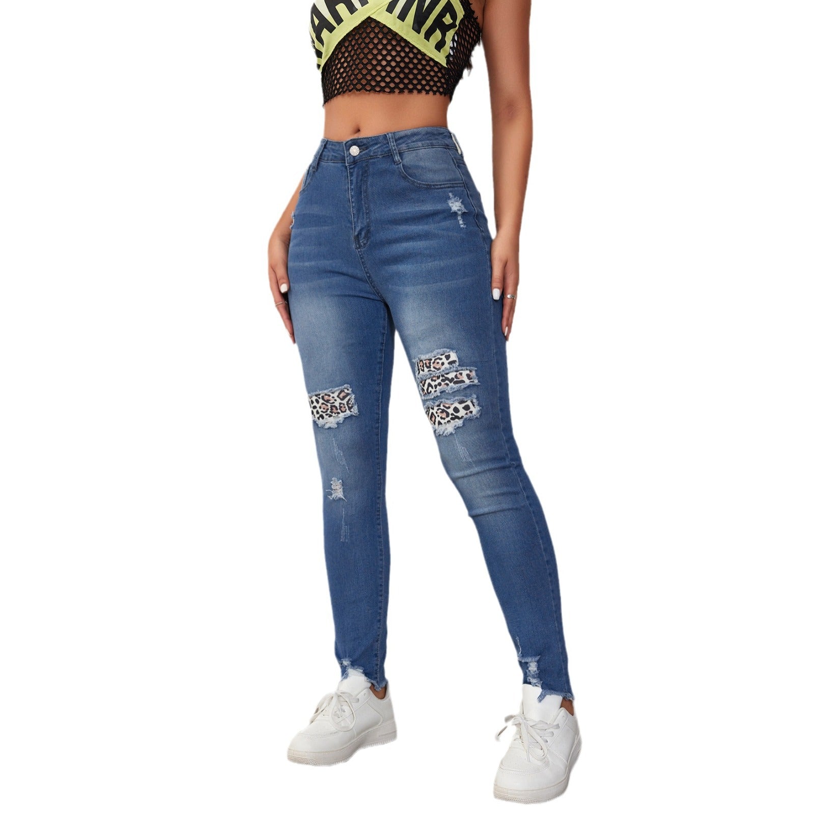 Women Spring Ripped Leopard Patches Washed Denim Pants 6