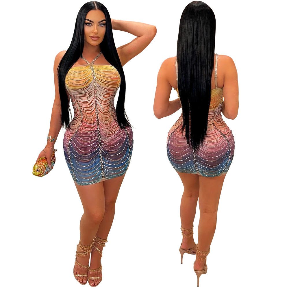 Sexy Straps Beaded Bodycon Slim Women Fashion Casual Party Dress 5