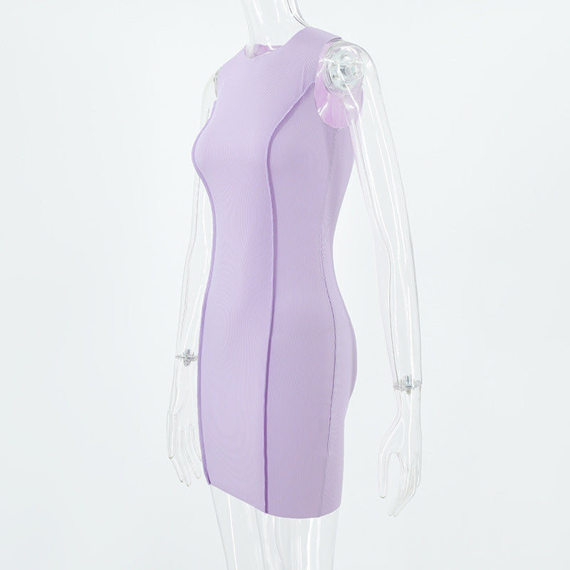 Summer Ladies Round Neck Sleeveless Solid Color Fashion Slim Bodycon Dress 33