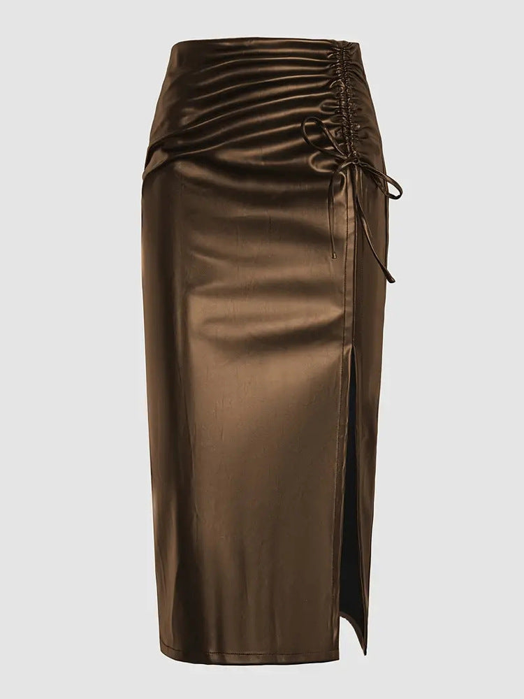 Women's High-Waist Slit PU Leather Skirt 15