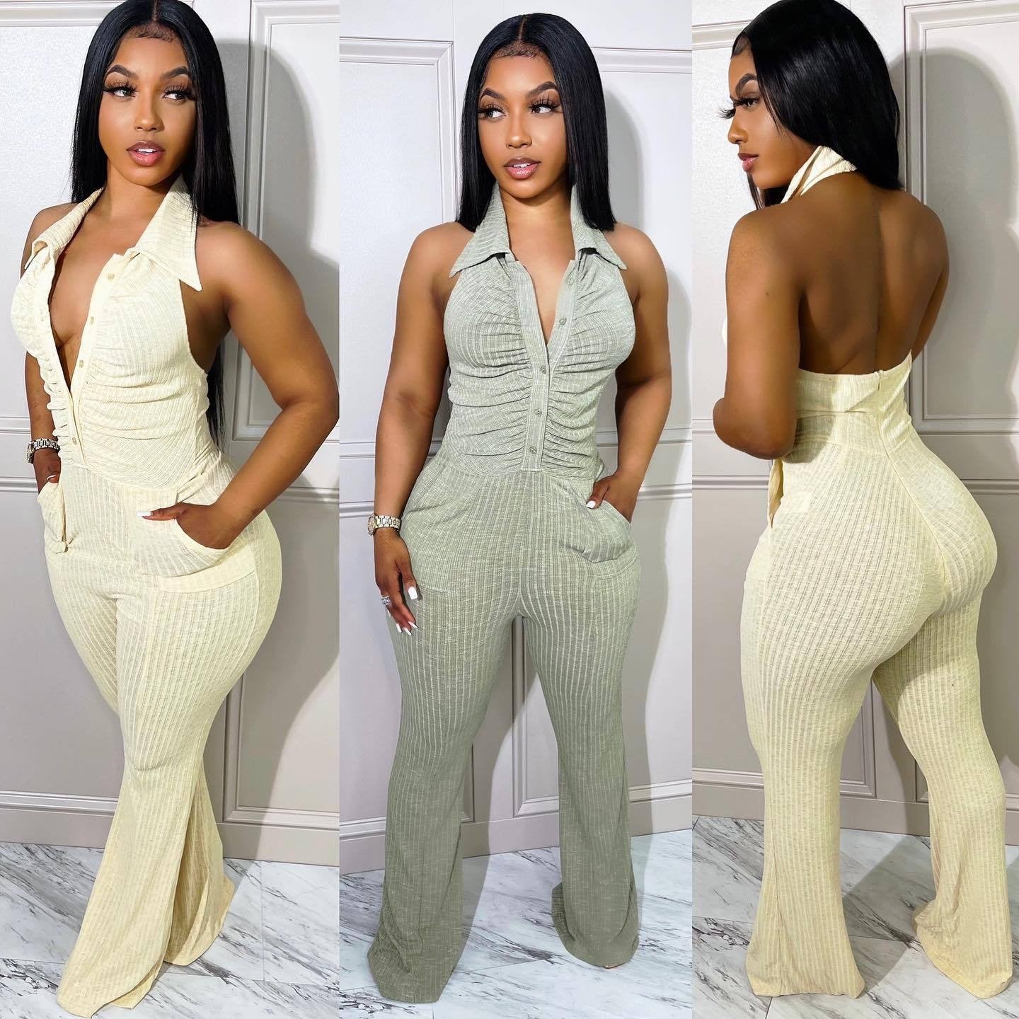 Women's Solid Color Sexy Low Back Halter Neck Turndown Collar Jumpsuit 10