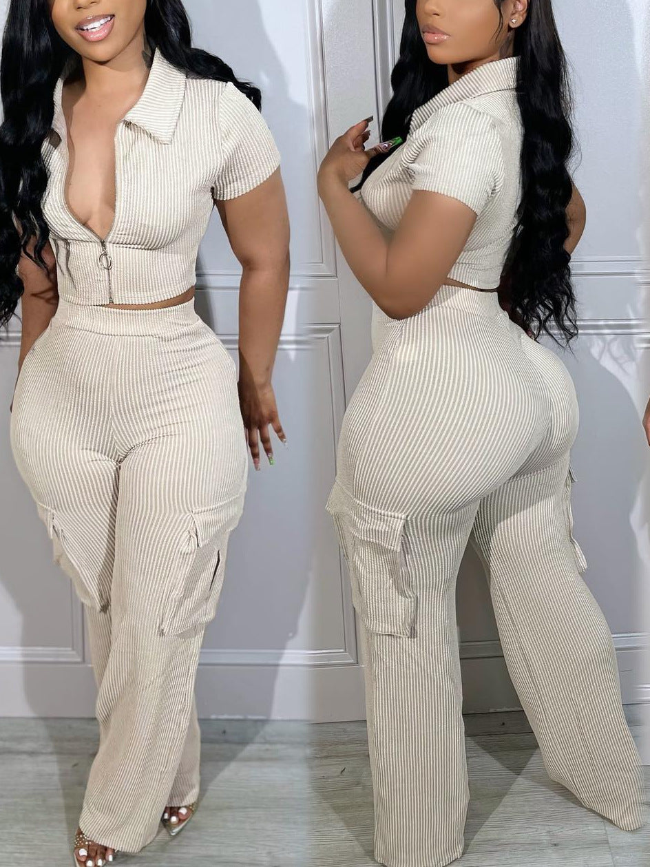 Women Casual Zipper Top and Multi-Pocket Pants Solid Two-Piece Set