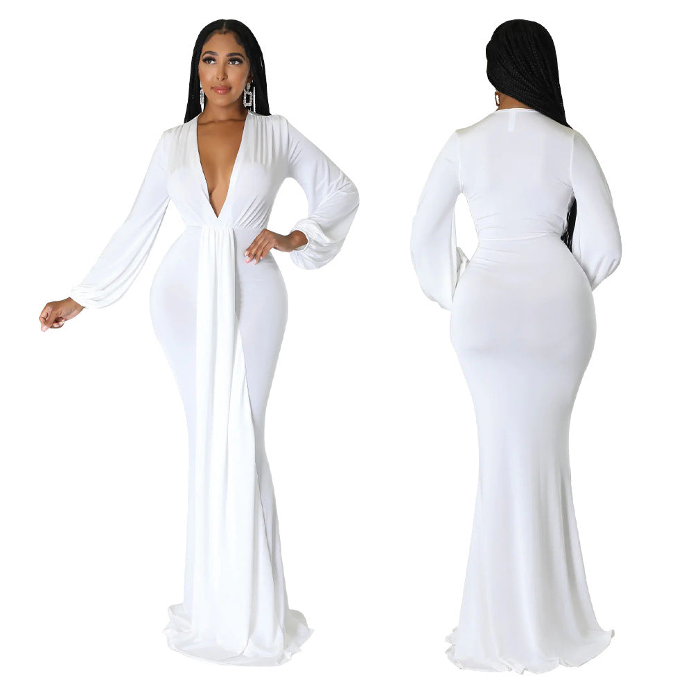 Women Autumn Sexy Slim Deep V-Neck Long Sleeve Dress Dress 7