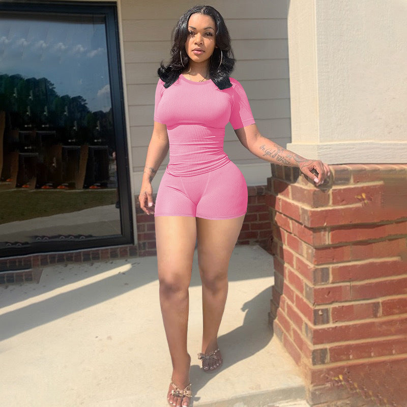 Women Sexy Solid Short Sleeve Top and Shorts Two-piece Set 3
