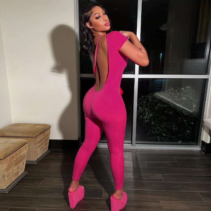 Summer Women Solid Short Sleeve Backless Jumpsuit 5