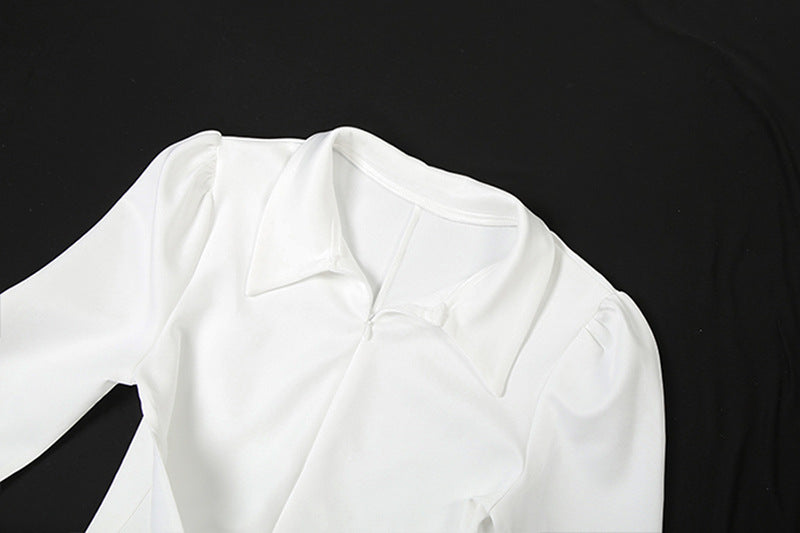 Autumn Women's Solid Color Chic Turndown Collar Slim Waist Lace-Up Zipper Long Sleeve Dress 21