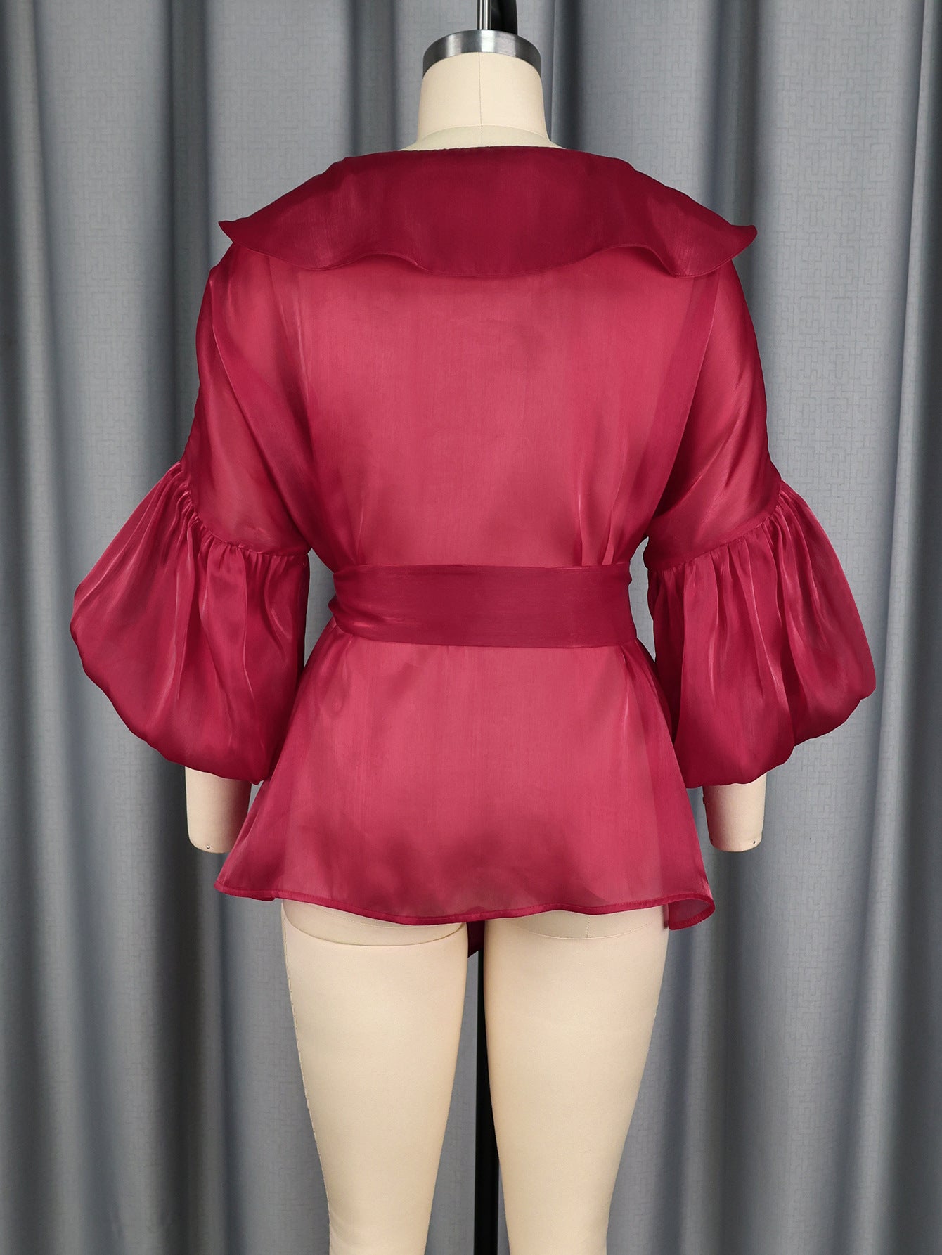 Peter Pan Collar Lantern Sleeve Bow Slim Waist Top Belly Cover Slim Fit Party Shirt 6