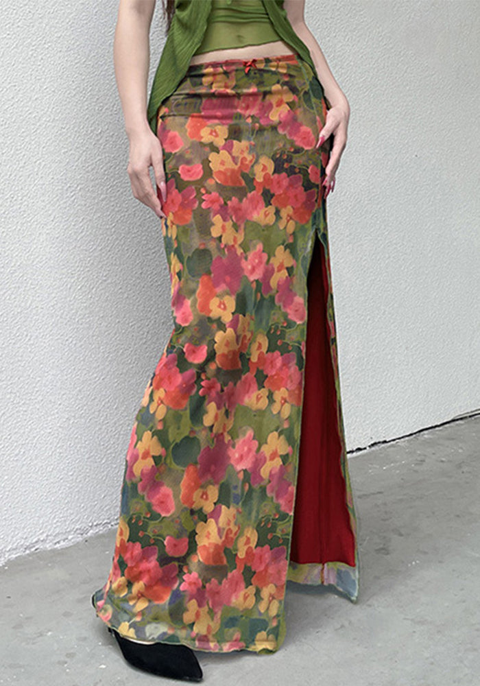 Women Vintage oil painting floral print contrast color split skirt