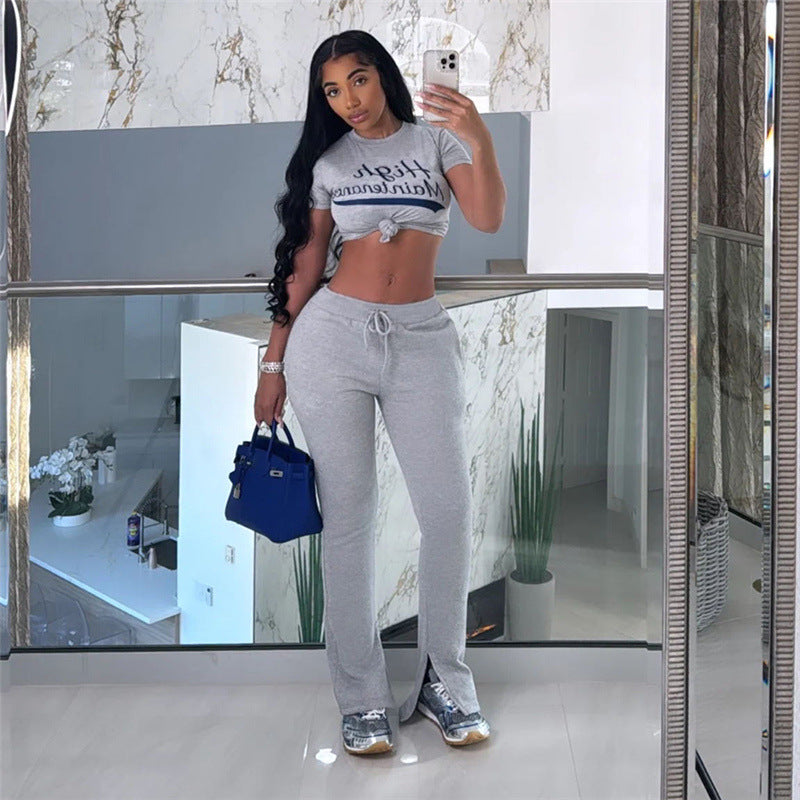 Women Summer Sexy Print Crop Short Sleeve Top and Pants Casual Two-piece Set 10