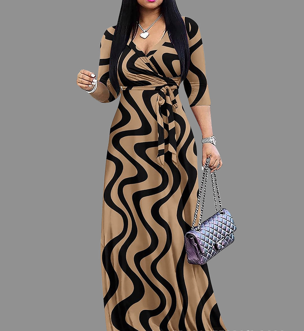 Spring & Autumn Women's Fashion Elegant Wrap V-Neck Half-Sleeve Print Belt Maxi Dress 23