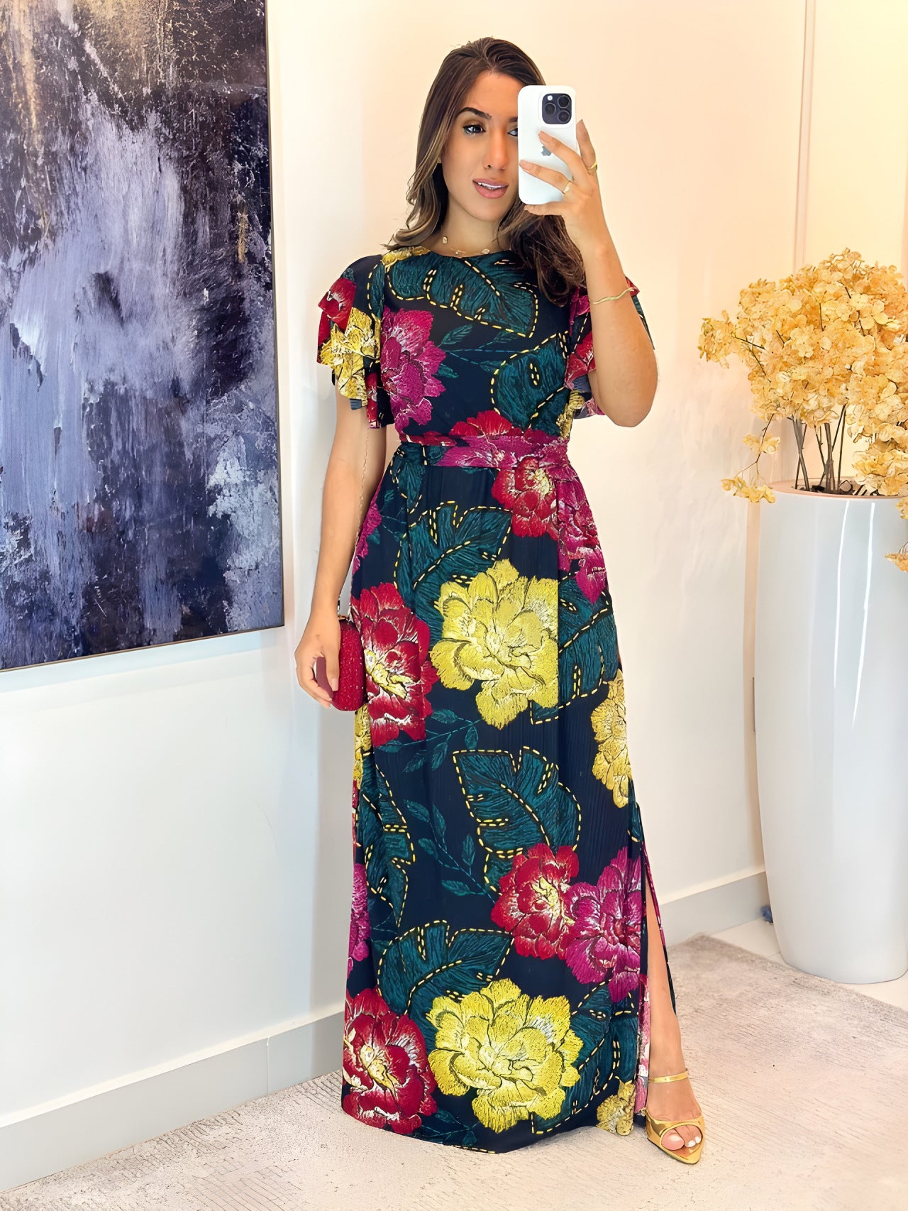 Chic Flower Print Ruffle Short Sleeve High Waist Belt Side Slit Long Dress 3