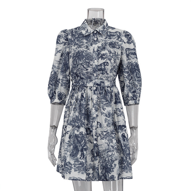 Spring And Autumn Print Puff Sleeve Turndown Collar Elegant Shirt Dress 8