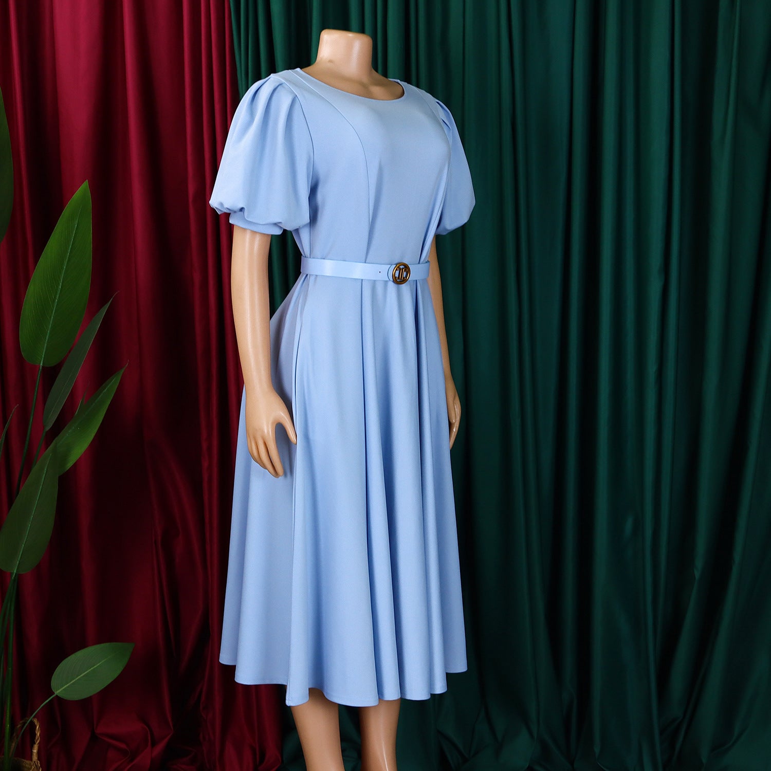 Women's Summer Trendy Puff-Sleeve Elegant High-Waist Solid Round Neck A-line African Dress 26