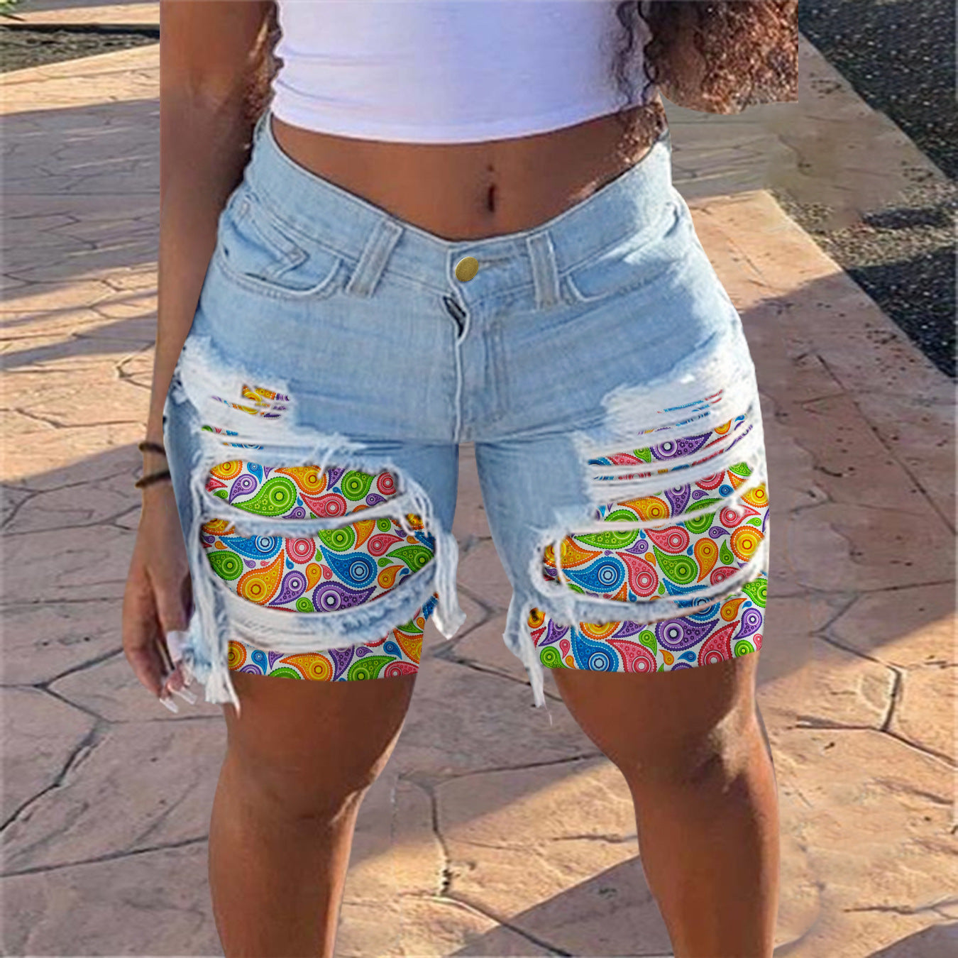 Spring Summer Patched Ripped Mid Women's Denim Shorts