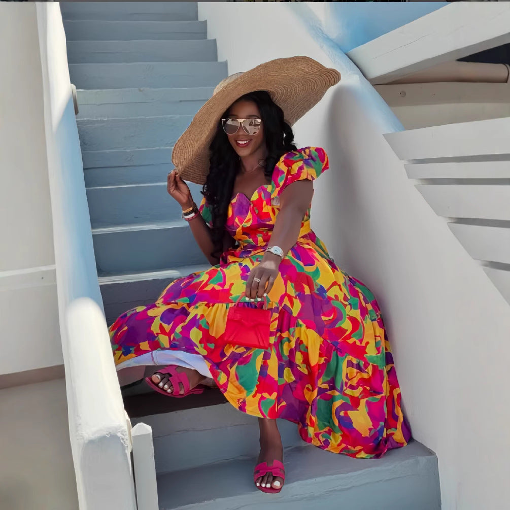 Women's spring puffy short sleeve color matching print Slim Waist pleated long dress 4